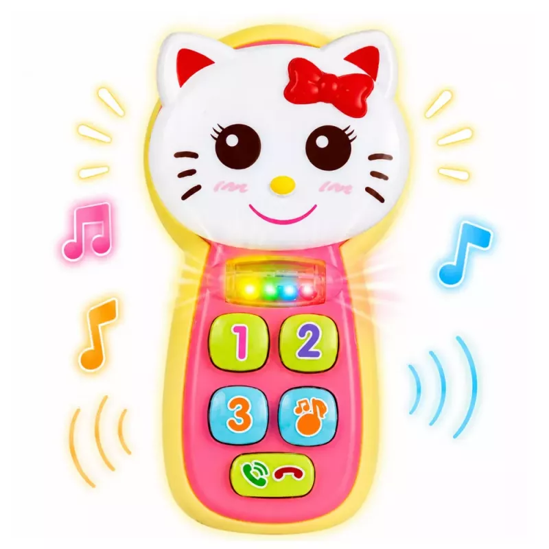LEAN TOYS Interaktywny Telefonik dla Niemowląt Kotek Lustereczko Grzechotka Światła Dźwięk