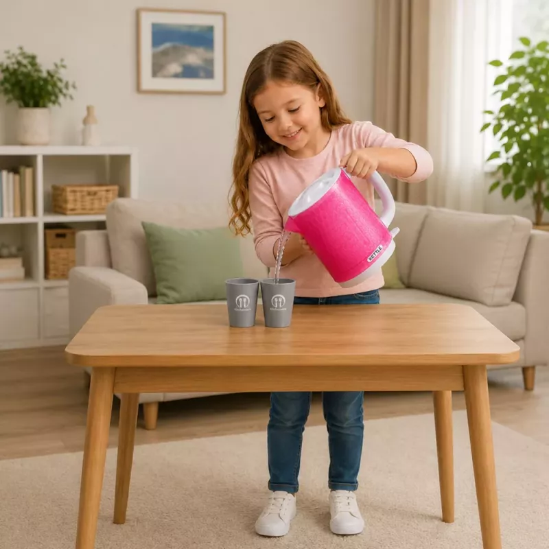 Zestaw LEAN TOYS Czajnik dla dzieci z kubkami Dźwięki gotowania Światła Różowy