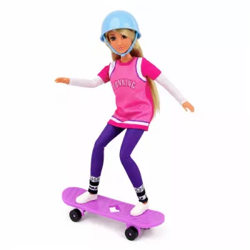 LEAN TOYS Lalka Anlily z Fioletową Deskorolką, Kaskiem i Kompletem Długiej Bluzy