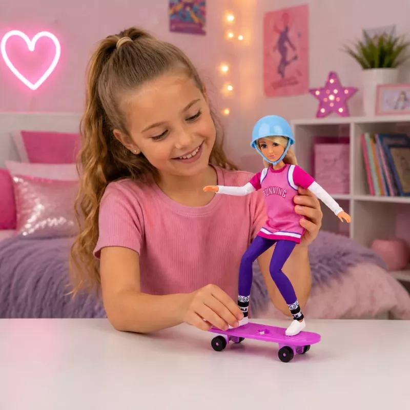 LEAN TOYS Lalka Anlily z Fioletową Deskorolką, Kaskiem i Kompletem Długiej Bluzy