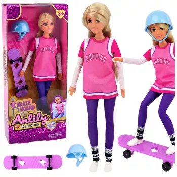LEAN TOYS Lalka Anlily z Fioletową Deskorolką, Kaskiem i Kompletem Długiej Bluzy