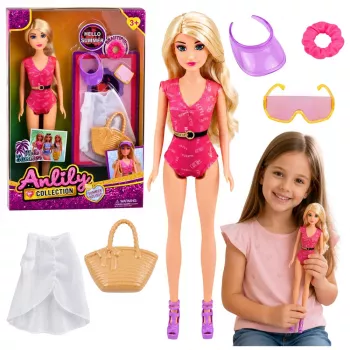 LEAN TOYS Lalka Anlily w Stroju Kąpielowym z Torbą Plażową i Akcesoriami