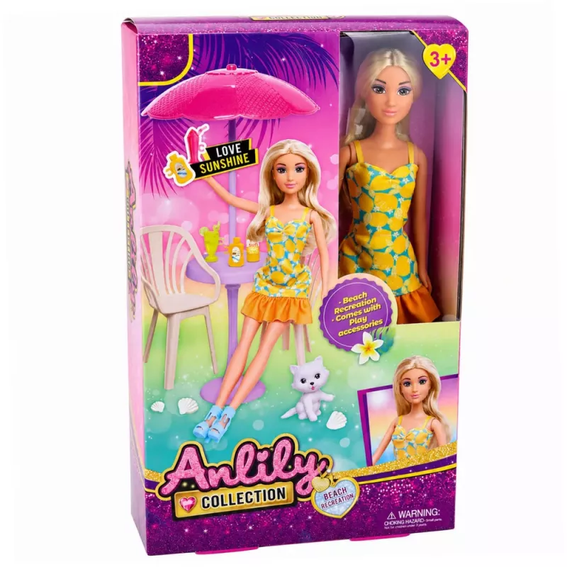 LEAN TOYS Lalka Anlily w Żółtej Sukience z Kotkiem, Ogrodowymi Meblami i Parasolką
