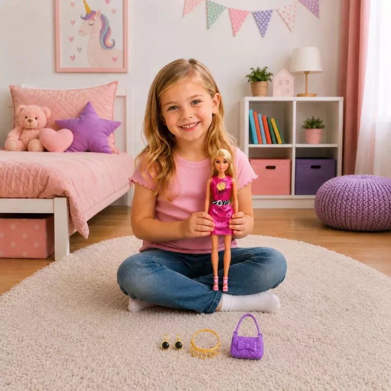 LEAN TOYS Lalka Anlily w różowej sukience, torebce, biżuterii i akcesoriach