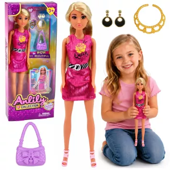 LEAN TOYS Lalka Anlily w różowej sukience, torebce, biżuterii i akcesoriach
