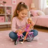 LEAN TOYS Lalka Anlily w Różowej Sukience z Rowerem i Fotelikiem Dziecięcym