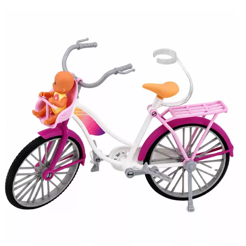 LEAN TOYS Lalka Anlily w Różowej Sukience z Rowerem i Fotelikiem Dziecięcym