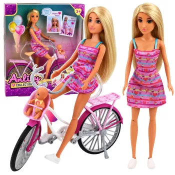 LEAN TOYS Lalka Anlily w Różowej Sukience z Rowerem i Fotelikiem Dziecięcym