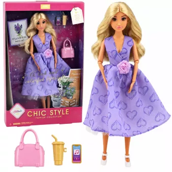 LEAN TOYS Anlily Fashion Doll w fioletowej sukience z serduszkami i zestawem akcesoriów (torebka)