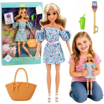 LEAN TOYS Anlily Fashion Doll w niebieskiej kwiecistej sukience, z torebką i zestawem akcesoriów