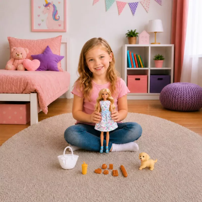 LEAN TOYS Anlily Lalka z Psem, Sukienka Kwiatowa, Torebka, Przekąski, Zestaw Akcesoriów
