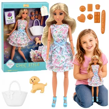 LEAN TOYS Anlily Lalka z Psem, Sukienka Kwiatowa, Torebka, Przekąski, Zestaw Akcesoriów