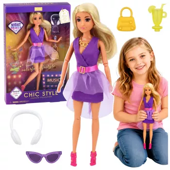 LEAN TOYS Lalka Fashion Anlily w Fioletowej Sukience z Słuchawkami i Zestawem Akcesoriów