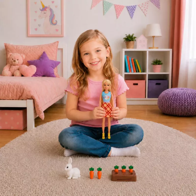 LEAN TOYS Anlily Doll with White Rabbit and Carrots Carrot Stand Set