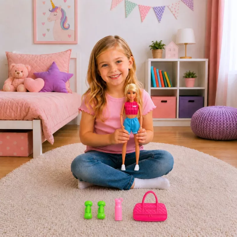 LEAN TOYS Lalka Anlily w Stroju Sportowym z Hantlami, Butelką Wody, Torbą, Zestaw Akcesoriów