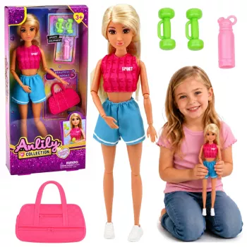 LEAN TOYS Lalka Anlily w Stroju Sportowym z Hantlami, Butelką Wody, Torbą, Zestaw Akcesoriów