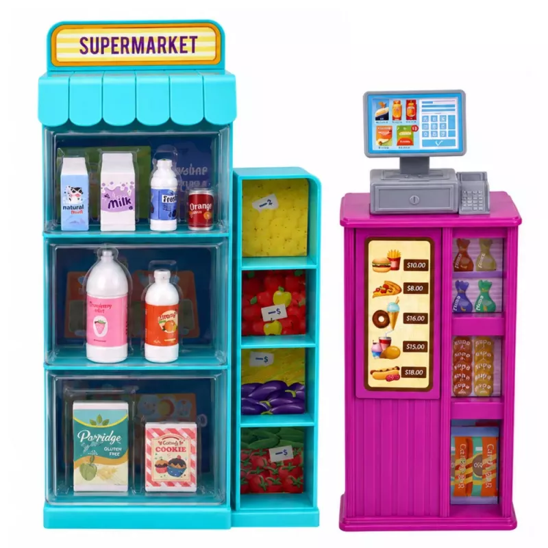 LEAN TOYS Anlily Doll w Zestawie Supermarket z Kasą Fiskalną, Akcesoriami i Wózkiem