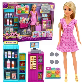 LEAN TOYS Anlily Doll w Zestawie Supermarket z Kasą Fiskalną, Akcesoriami i Wózkiem
