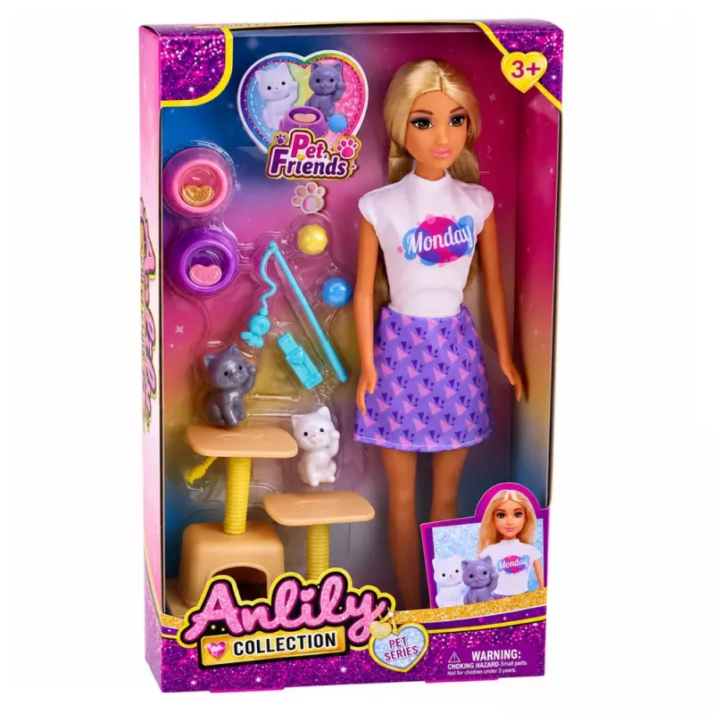 LEAN TOYS Anlily Doll with Kittens Scratching Post Cat Accessories Bowls Toys Set