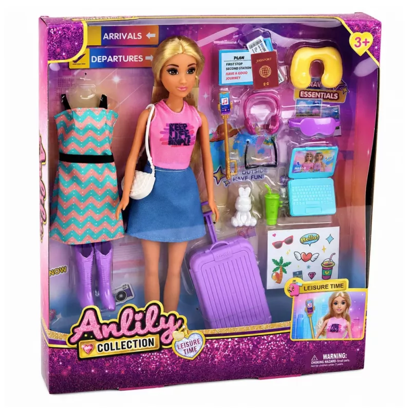 LALKA PODRÓŻNICZKA ANLILY Z WALIZKĄ, PODUSZKĄ PODRÓŻNĄ I AKCESORIAMI LAPTOP LEAN TOYS
