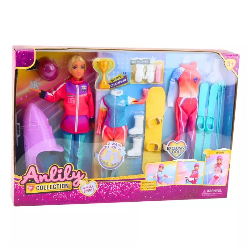 LEAN TOYS Anlily Doll Zestaw Sportów Zimowych Narty Skuter Śnieżny Snowboard Ubrania