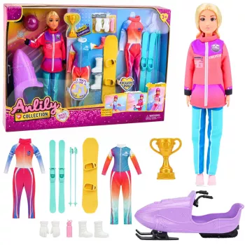 LEAN TOYS Anlily Doll Zestaw Sportów Zimowych Narty Skuter Śnieżny Snowboard Ubrania
