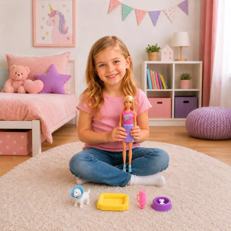LEAN TOYS Lalka Anlily z Białym Psem w Obróży, Łóżkiem i Zestawem Akcesoriów