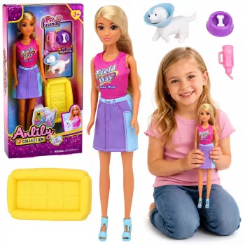 LEAN TOYS Lalka Anlily z Białym Psem w Obróży, Łóżkiem i Zestawem Akcesoriów