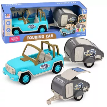 LEAN TOYS Pojazd terenowy z przyczepą kempingową z dźwiękami Niebieski zestaw turystyczny