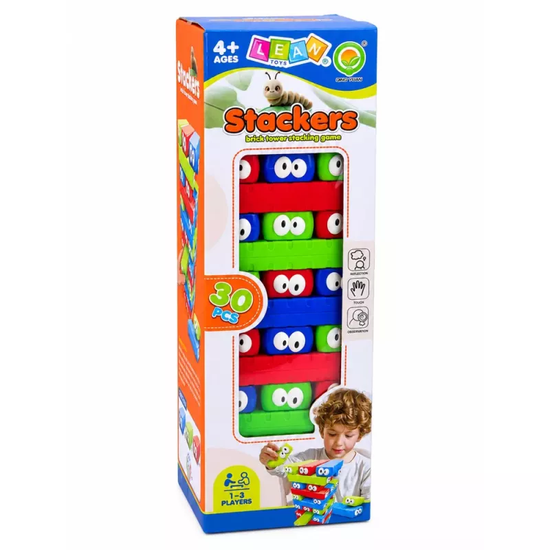 LEAN TOYS Gra zręcznościowa Wieża z klocków z oczkami Kostka Kolorowa 30 szt.