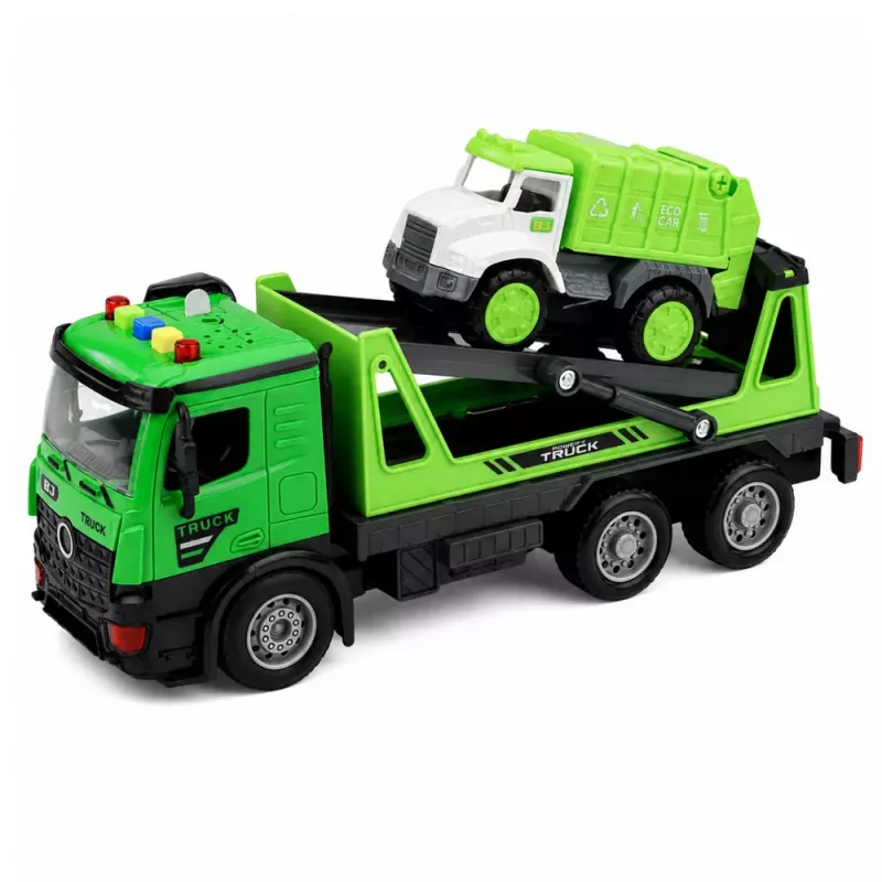 LEAN TOYS Zestaw pojazdów: laweta i śmieciarka z dźwiękami i światłami, zielony