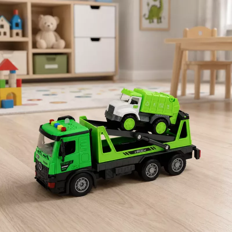 LEAN TOYS Zestaw pojazdów: laweta i śmieciarka z dźwiękami i światłami, zielony