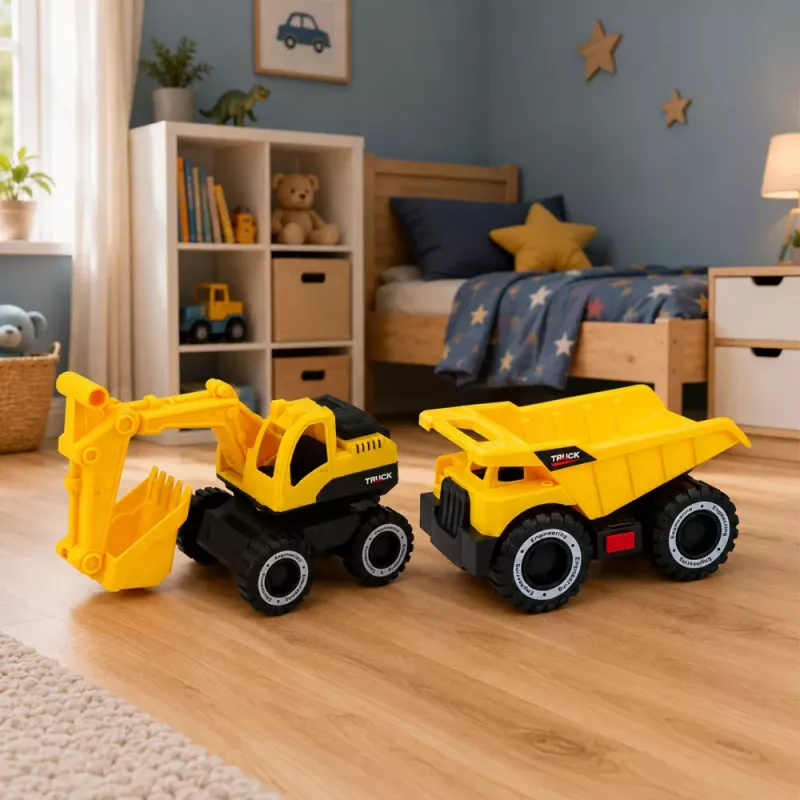 LEAN TOYS Zestaw Pojazdów Budowlanych Koparka Wywrotka Ruchome Światła Dźwięki Żółty