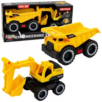 LEAN TOYS Zestaw Pojazdów Budowlanych Koparka Wywrotka Ruchome Światła Dźwięki Żółty
