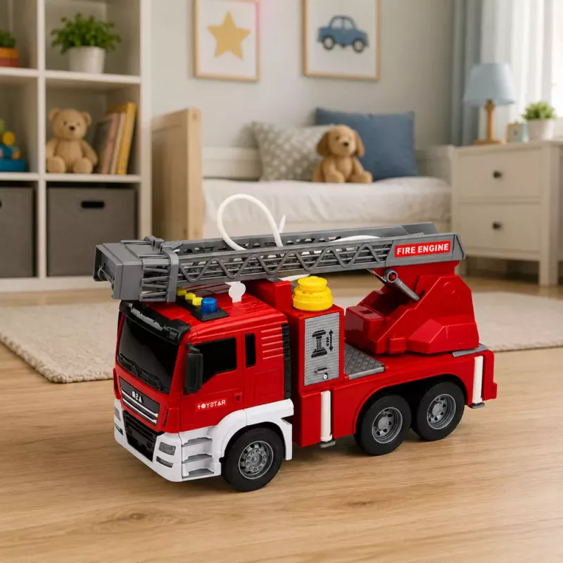 LEAN TOYS Wóz Strażacki z Wysięgnikiem, Funkcją Polewania Wodą, Światłami i Dźwiękami