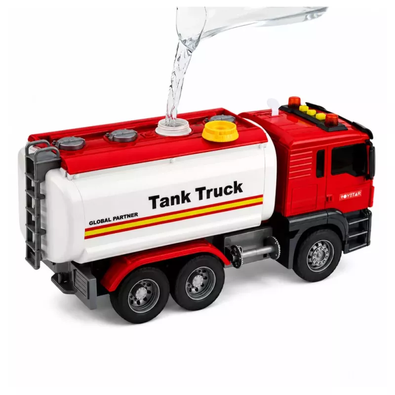 LEAN TOYS Ciężarówka z systemem wodnym, wąż do polewania, światła i dźwięki, czerwona