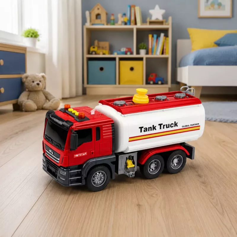 LEAN TOYS Ciężarówka z systemem wodnym, wąż do polewania, światła i dźwięki, czerwona