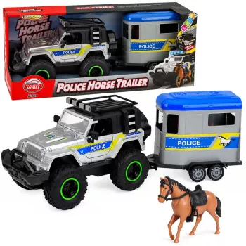 LEAN TOYS Policyjny pojazd terenowy z przyczepą dla konia – zestaw z dźwiękami i światłami
