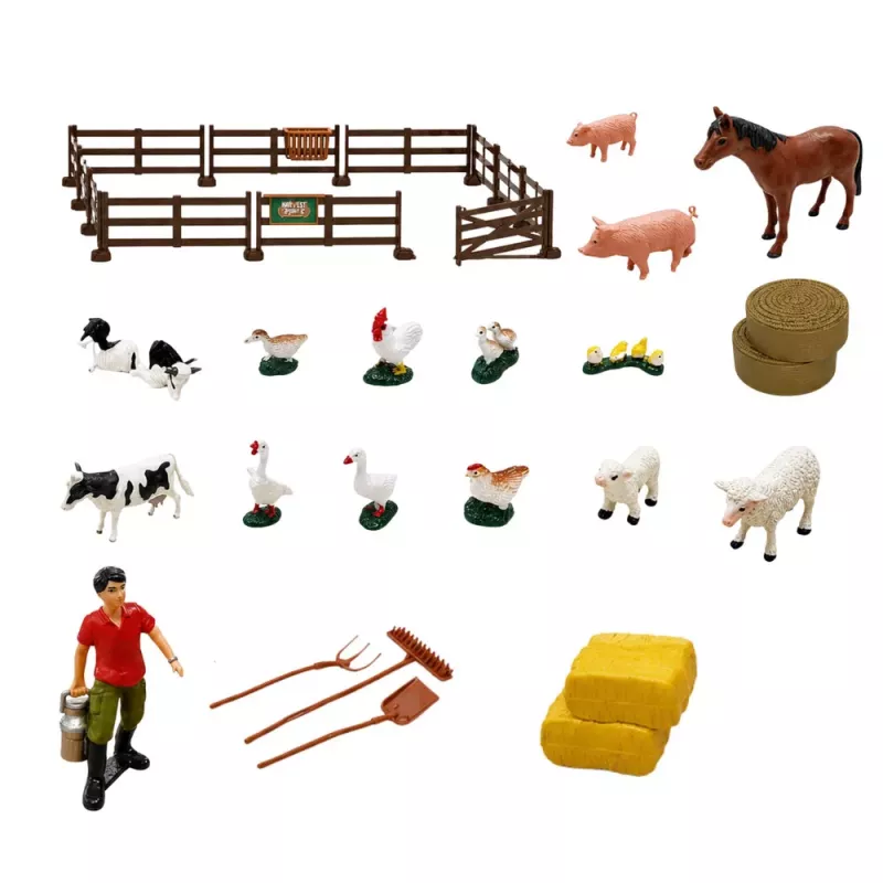 LEAN TOYS Zestaw Farmerski z Traktorem i Obórką, Figurki Zwierząt i Akcesoria, 44 szt.