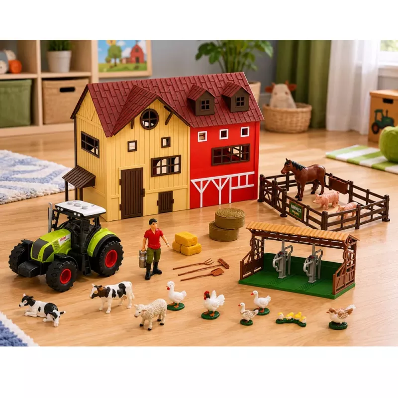 LEAN TOYS Zestaw Farmerski z Traktorem i Obórką, Figurki Zwierząt i Akcesoria, 44 szt.