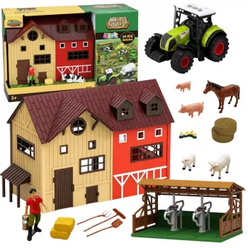 LEAN TOYS Zestaw Farmerski z Traktorem i Obórką, Figurki Zwierząt i Akcesoria, 44 szt.