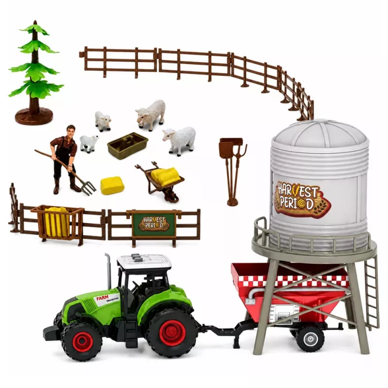 LEAN TOYS Zestaw Farm z Traktorem, Stajnią, Silosem, Figurkami, Zwierzętami, Narzędziami - 49 Elementów