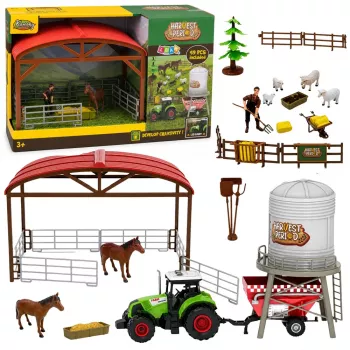 LEAN TOYS Zestaw Farm z Traktorem, Stajnią, Silosem, Figurkami, Zwierzętami, Narzędziami - 49 Elementów