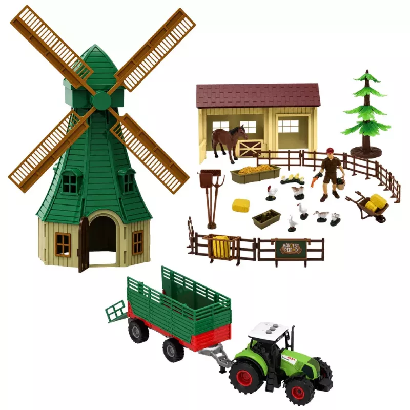 LEAN TOYS Zestaw Farmerski z Traktorem, Wiatrakiem, Stajnią, Przyczepą i Figurkami Zwierząt, 45 Elementów
