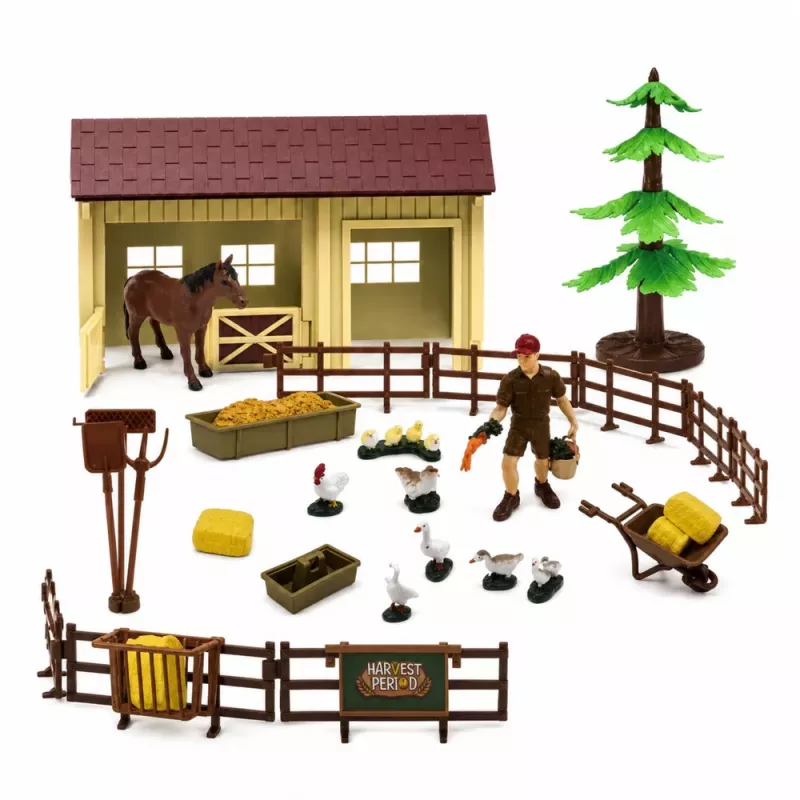LEAN TOYS Zestaw Farmerski z Traktorem, Wiatrakiem, Stajnią, Przyczepą i Figurkami Zwierząt, 45 Elementów
