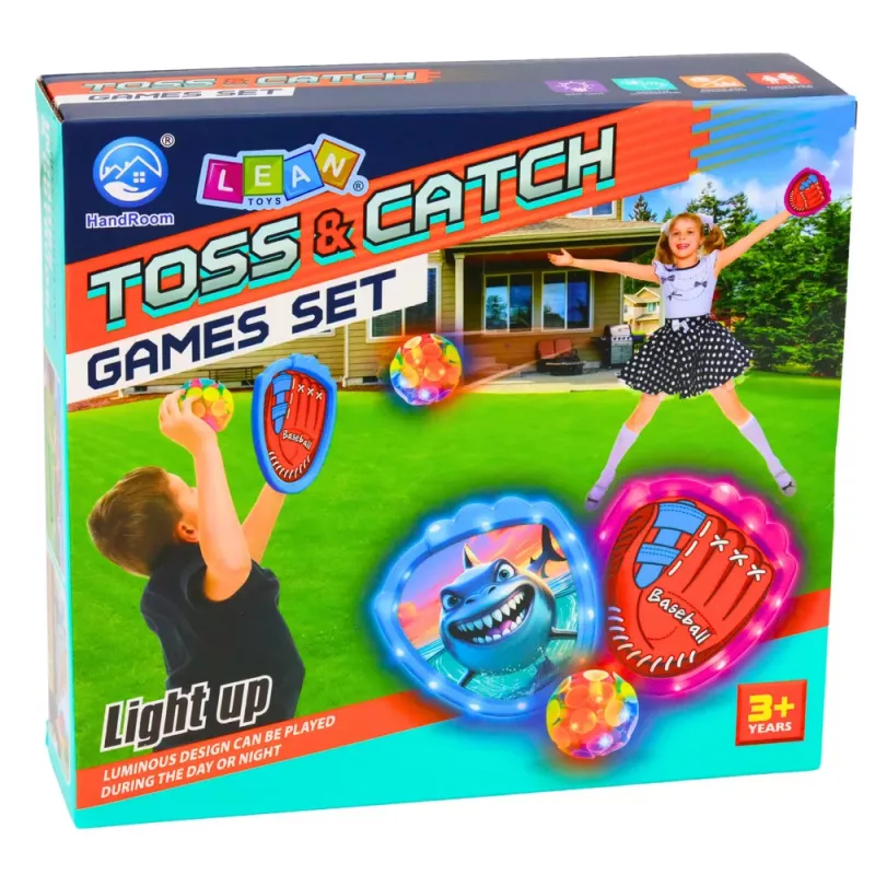 LEAN TOYS Gra zręcznościowa do rzucania i łapania, z rakietkami, świecącymi piłkami, rekin LED
