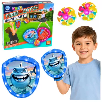 LEAN TOYS Gra zręcznościowa do rzucania i łapania, z rakietkami, świecącymi piłkami, rekin LED