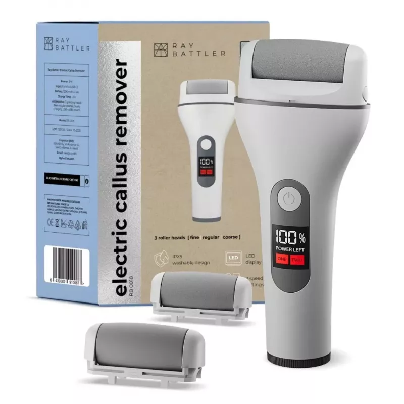 Ray Battler RB 0018 Callus Remover - Elektryczny pilnik do stóp z 3 głowicami, wodoodporny IPX7, do użytku na mokro i sucho
