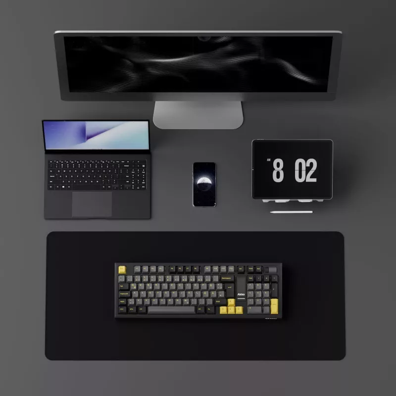 Klawiatura mechaniczna AKKO 5098B, 98 klawiszy, czarno-złota, hot-swappable, RGB, tryb potrójny (USB-C/2,4GHz/Bluetooth 5.0), przełączniki liniowe Akko CS Jelly White, keycapsy PBT ASA, 3000mAh