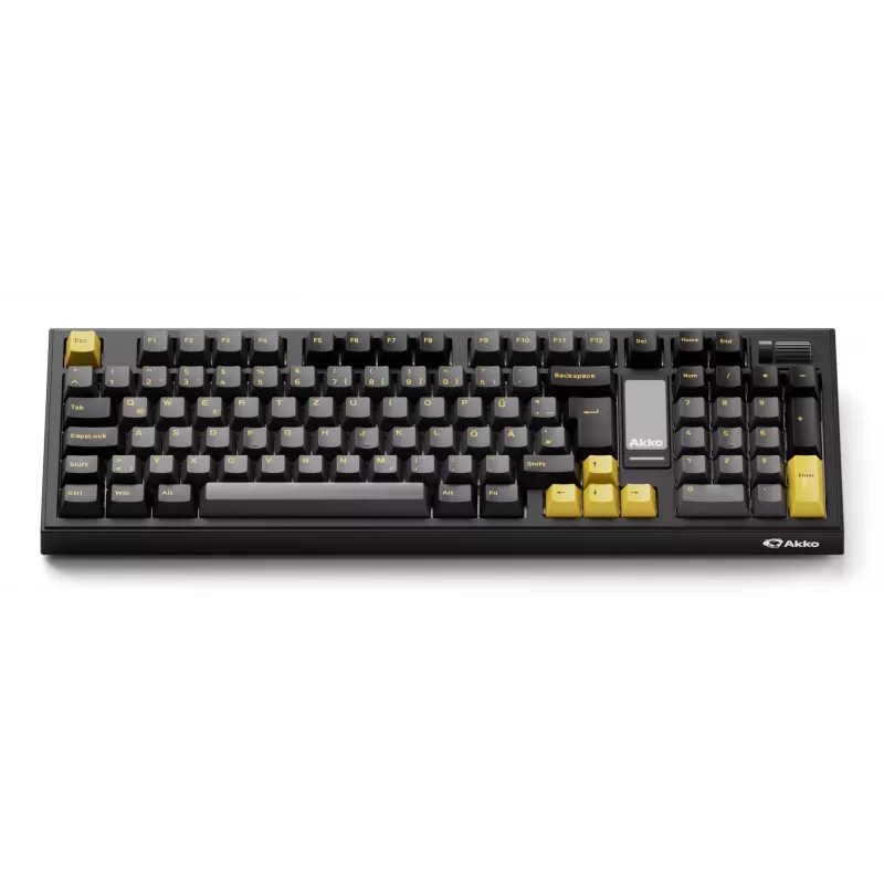 Klawiatura mechaniczna AKKO 5098B, 98 klawiszy, czarno-złota, hot-swappable, RGB, tryb potrójny (USB-C/2,4GHz/Bluetooth 5.0), przełączniki liniowe Akko CS Jelly White, keycapsy PBT ASA, 3000mAh